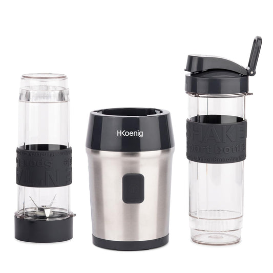 H.Koenig Mini Smoothie Maker Standmixer, Blender elektrisch, Transportabel Kompakt 570mL SMOO9 BPA-frei Leistungsstarke 300W, Smoothie Mixer 2 tragbare Flaschen, Edelstahlklingen, Silber/Schwarz